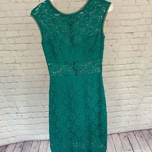 Lace teal dress with sheer panels